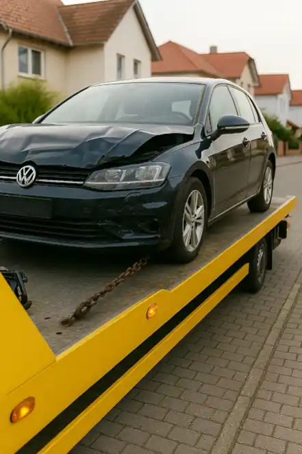 Defektes Fahrzeug wird in Schwelm zum Autoankauf abgeschleppt, um den Restwert zu ermitteln.